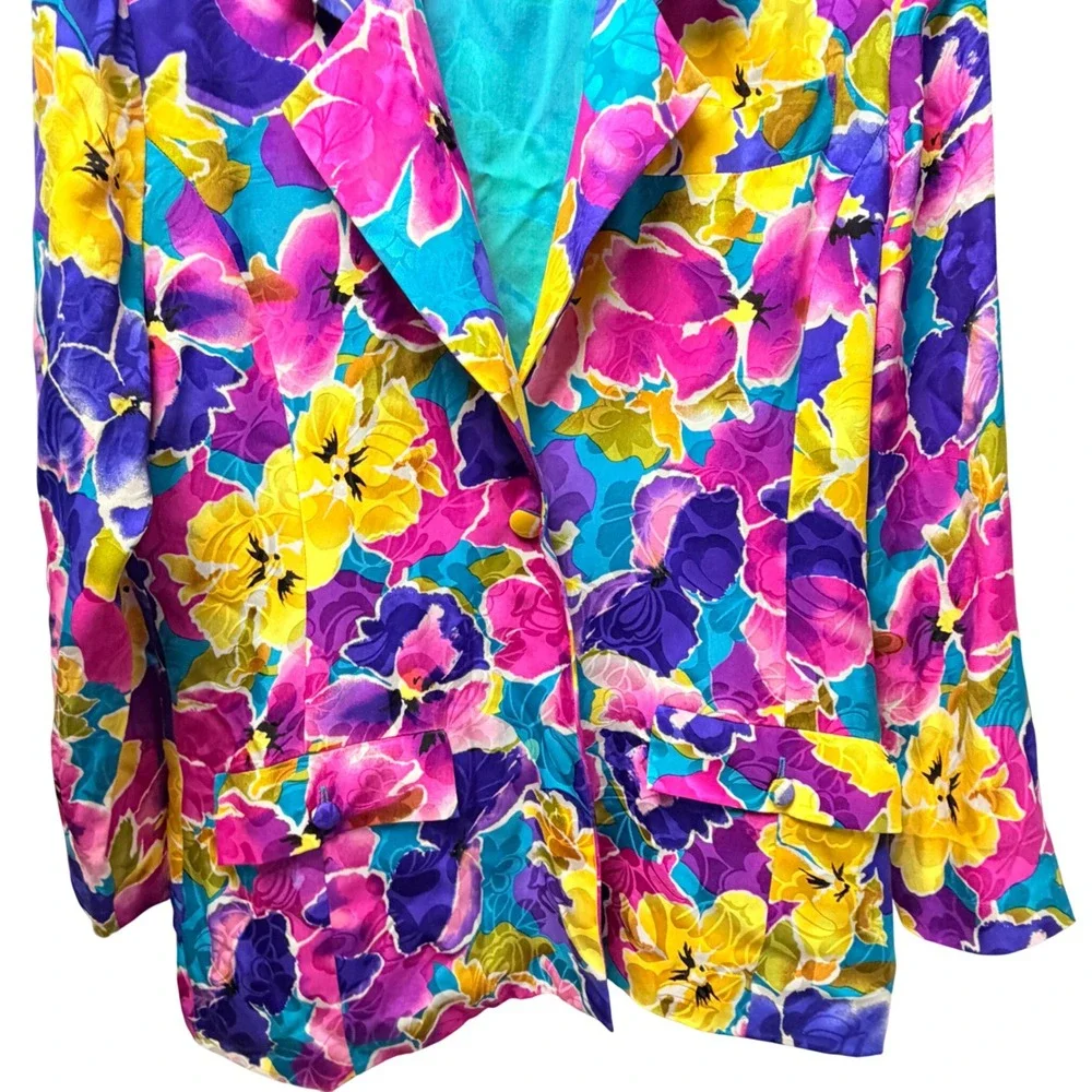 Vintage 100% Silk Floral Blazer Medium Multi Color‎ Dopamine 90s Career Luxury